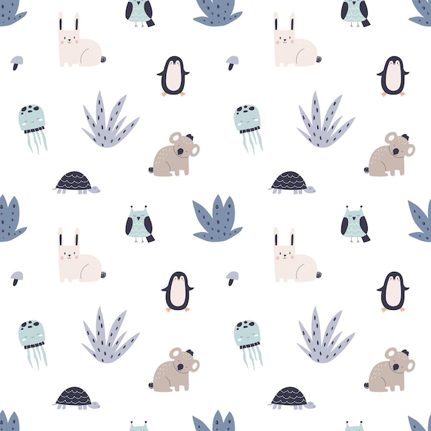 Patrón escandinavo con animales lindos, fondo sin fin, textura con impresión nórdica repetida para textiles infantiles, envoltura, papel tapiz, ilustraciones vectoriales planas coloreadas para niños con personajes escandinavos.