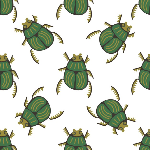 Patrón de escarabajo verde sin costuras con insectos dibujados a mano en un estilo caprichoso sobre un fondo blanco