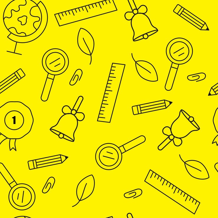 Vector patrón escolar vectorial doodle gráfico contorno negro y fondo amarillo para diferentes proyectos