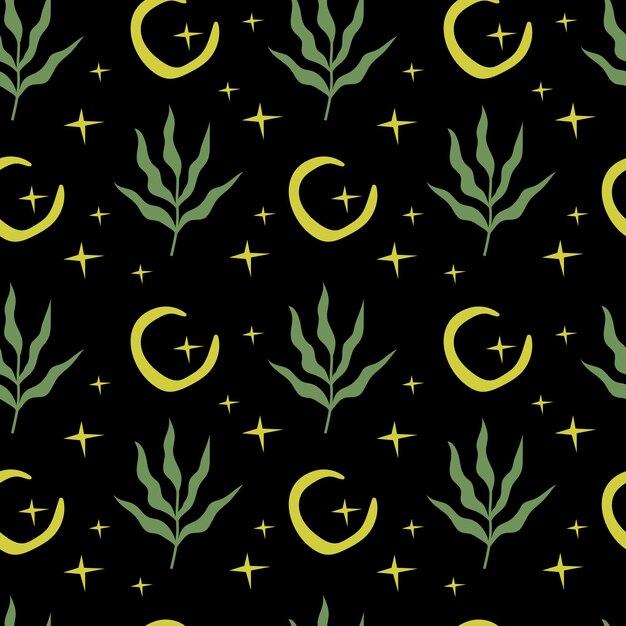 Patrón esotérico sin costuras Estrellas de la luna y plantas en un fondo negro Para fondo de embalaje de portada