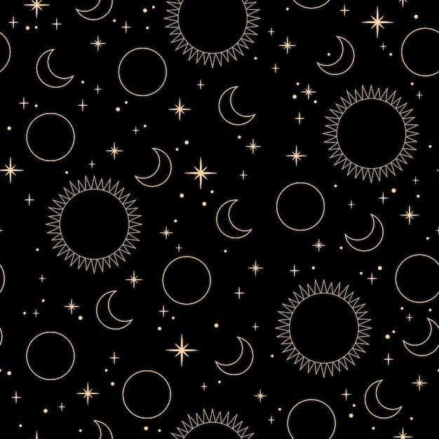 Patrón esotérico místico con sol, luna y estrellas.
