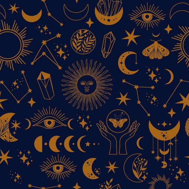 Patrón de espacio sin costuras en una ilustración boho de fondo azul con luna sol libélulas estrellas wallpa