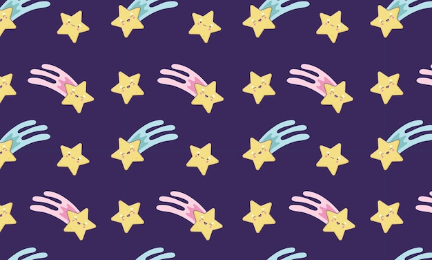 Patrón de espacio sin costuras para niños con estrellas lindas Fondo vectorial con estrellas fugaz sonrientes