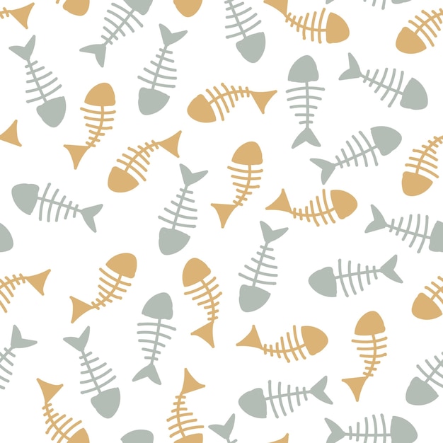 Patrón de esqueletos de peces Imprimir en colores pastel de varios artículos para un gato Mano libre Patrón sin costuras Ilustración vectorial