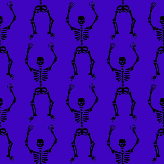 Patrón de esqueletos sobre un fondo morado.