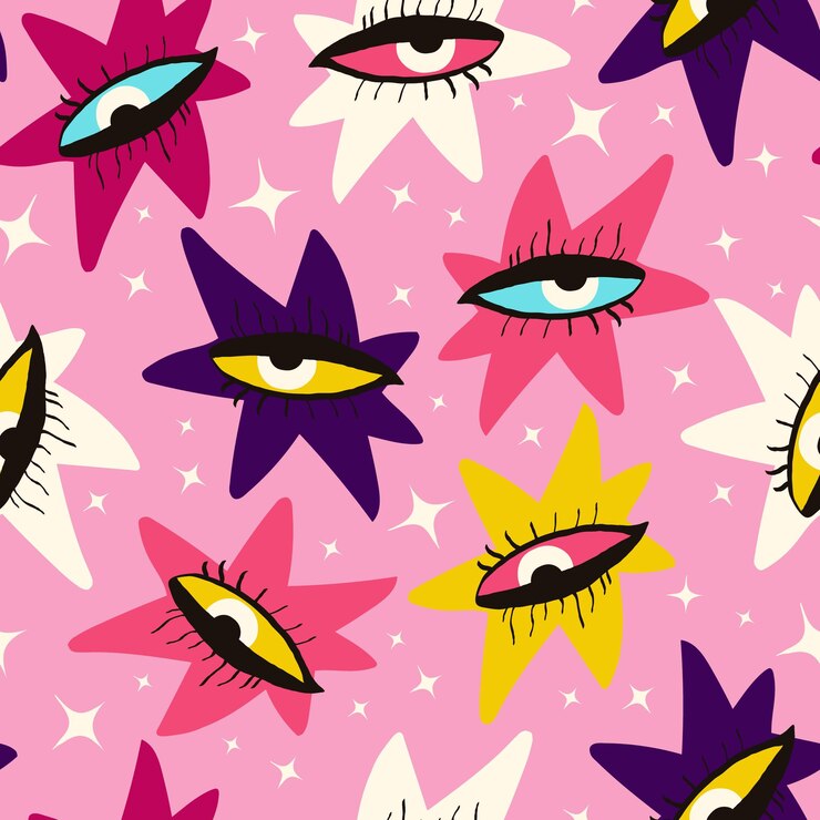 Vector patrón estético femenino vibrante rosa con caras pintadas abstractas y flores de rosa
