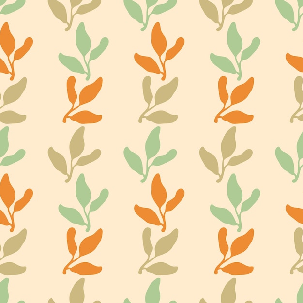 Patrón estético hippie sin costuras con pequeñas hojas de plantas Impresión de estilo de mediados de siglo para papelería de tela tee Ilustración vectorial dibujada a mano para decoración y diseño