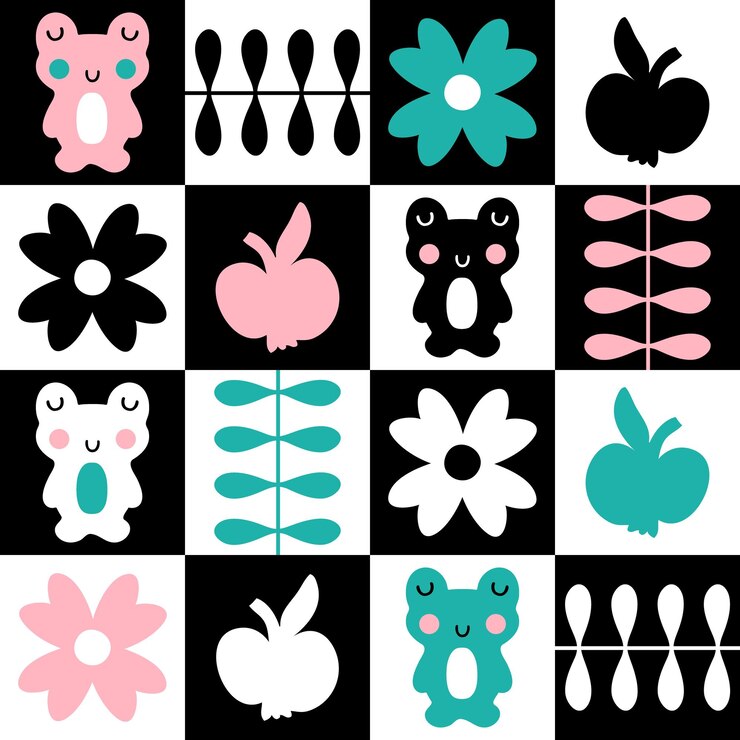 Vector patrón estético suizo sin costuras con ranas y manzanas impresión retro geométrica para camisetas, carteles, textiles y telas fondo vectorial lindo