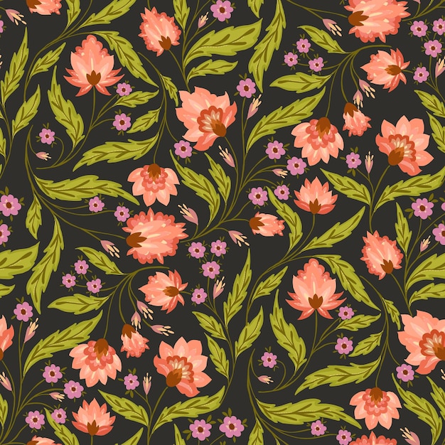 Patrón de estilo Chintz naranja melocotón y púrpura sobre un fondo gris oscuro