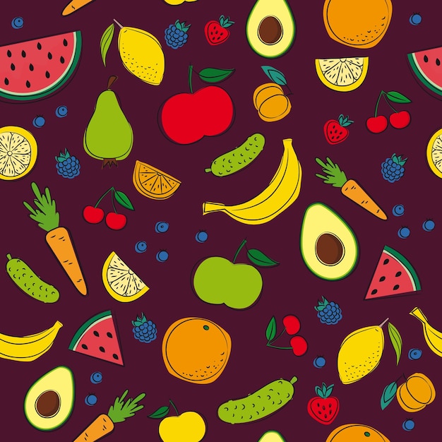 Vector patrón de estilo doodle con diferentes verduras y frutas.