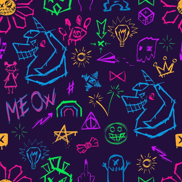 Patrón de estilo graffiti sin costuras con colores de neón elementos espeluznantes de bestias y caras malvadas vibra futurista y cyberpunk en fondo azul oscuro elementos industriales estética dinámica y agresiva
