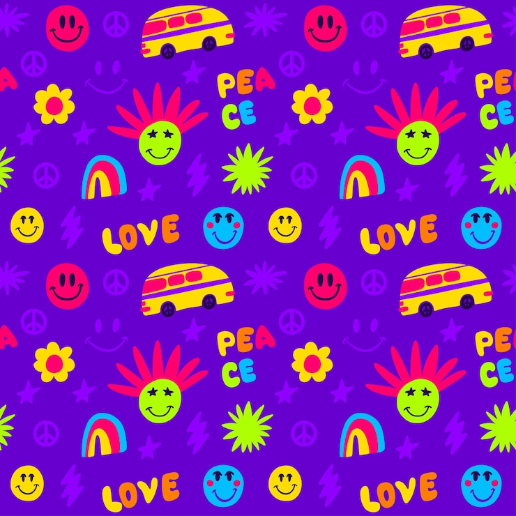 Vector patrón de estilo hippie sin costuras con arco iris de paz y felicidad y emoticonos
