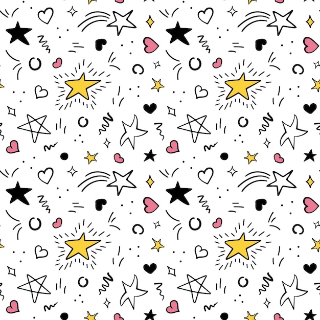 Patrón de estrella Doodle elementos de fiesta lindos Adorno de Navidad mágico Estrellas garabateadas y corazones rosados en telón de fondo blanco Celebran la decoración del bebé Textil infantil Vector fondo sin costuras