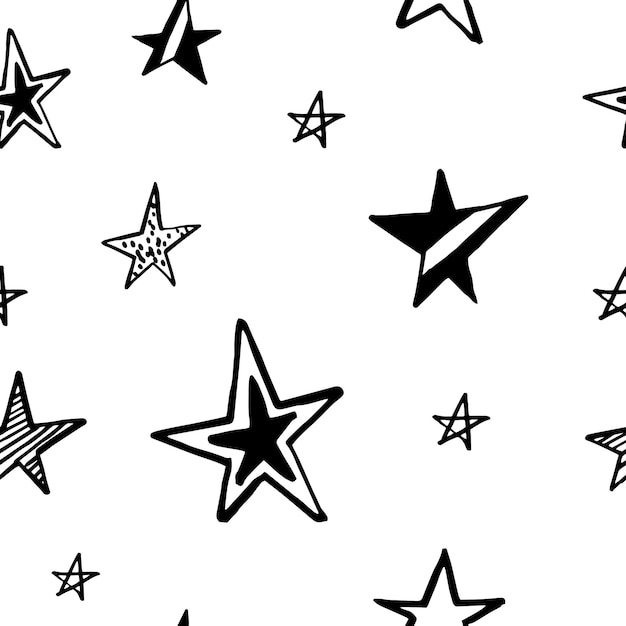 Patrón de estrellas. Estrellas de doodle dibujados a mano sobre fondo blanco. Telón de fondo de vector transparente. En blanco y negro.