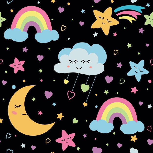 Vector patrón de estrellas de nubes en el fondo de la noche negra dulces sueños patrón sin costuras de arco iris patrón de nube de bebé luna durmiente fondo de pantalla de noche diseño de niños imprimibles para tela ilustración vectorial