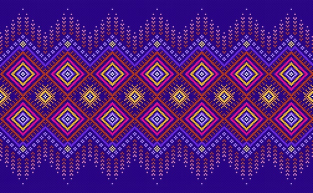 Patrón étnico de bordado Fondo de ikat geométrico vectorial Diseño de moda cuadrado de patrón rojo y azul