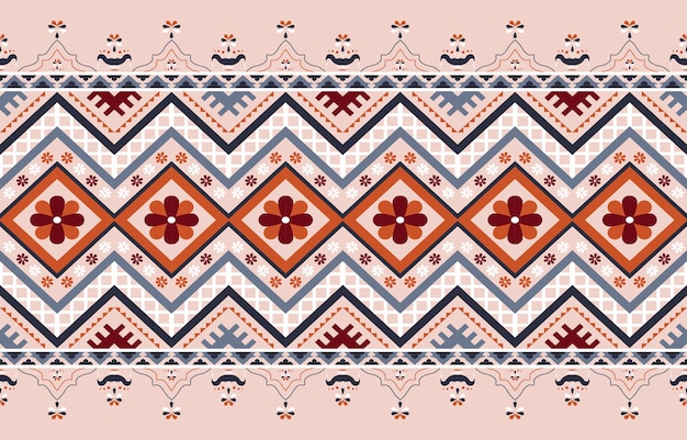 El patrón étnico es una variedad de colores que incluyen rojo brillante, naranja cian y azul.