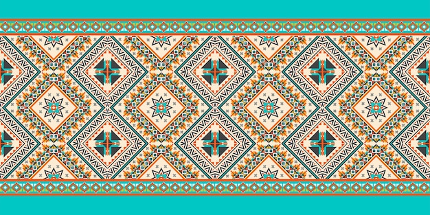 Patrón étnico geométrico sin costuras. Diseño de fondo, alfombra, papel tapiz, ropa, envoltura, batik, tela, estilo de bordado de ilustración vectorial.