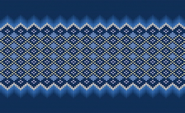 Patrón étnico de punto Punto de cruz vectorial fondo de ganchillo Resumen de hilo de patrón azul y amarillo