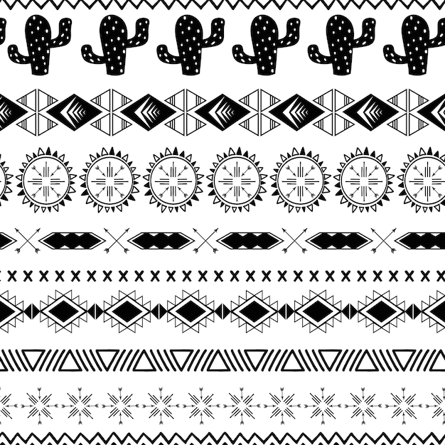 Patrón étnico tribal vectorial sin costuras en colores blanco y negro fondo geométrico azteca textura de ornamento mexicano diseño tradicional nativo americano paño de envoltura de papel tapiz con estampado geométrico horizontal folclórico