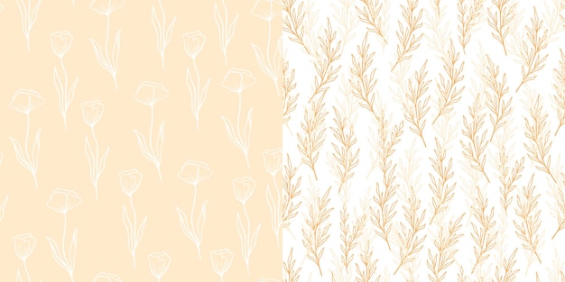 Vector patrón de eucalipto y amapola en estilo de línea. ornamento dibujado a mano sin costuras oliva floral. colección de patrones de repetición de doodle moderno con rama de olivo, flores de amapola. ilustración vectorial, fondo rosa