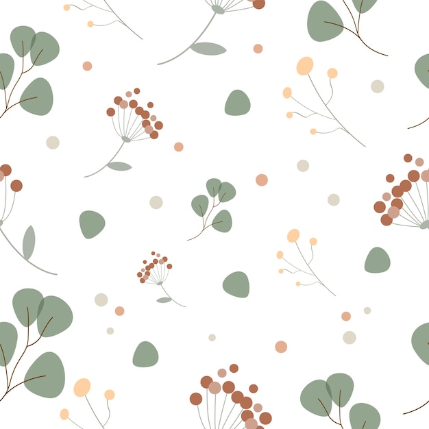 Patrón con eucalipto y ramas naturales orgánicas de flores secas. Gráficos vectoriales