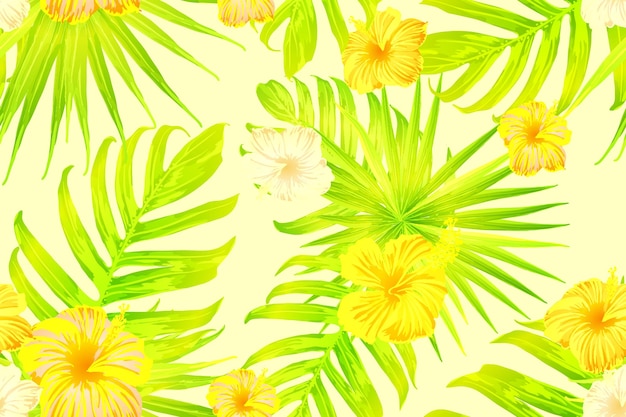 Vector patrón exótico amarillo. ramo tropical de flores de monstera e hibisco. camiseta hawaiana y mosaico de trajes de baño. azulejo exótico de vector salvaje romántico horizontal. diseño botánico hipernatural.