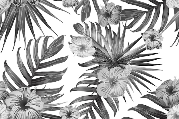 Patrón exótico blanco negro. Hojas de monstera y flores de hibisco con estampado veraniego. Traje de baño con estampado floral grande y saturado. Azulejo exótico de vector salvaje romántico horizontal. Bonito diseño botánico de primavera.