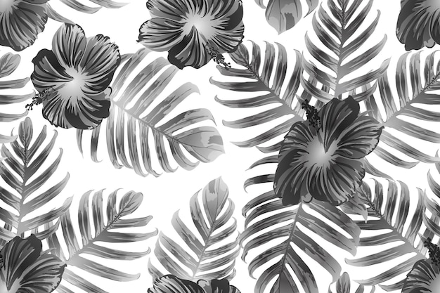 Patrón exótico blanco negro. Ramo tropical de flores de monstera e hibisco. Camiseta hawaiana y mosaico de trajes de baño. Azulejo exótico de vector salvaje romántico horizontal. Diseño botánico hipernatural.