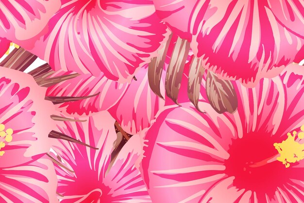 Patrón exótico rojo rosado. hojas de monstera y flores de hibisco en impresión de verano. impresión de trajes de baño florales grandes saturados. azulejos exóticos de vector salvaje romántico horizontal. diseño botánico de primavera bonito.