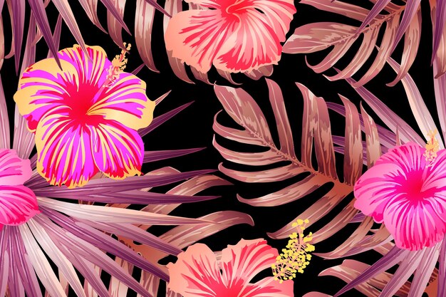 Vector patrón exótico rojo rosado. hojas de monstera y flores de hibisco en impresión de verano. t-shirt hawaiano y azulejos de trajes de baño. azulejos exóticos de vector salvaje romántico horizontal. diseño botánico de primavera bonito.
