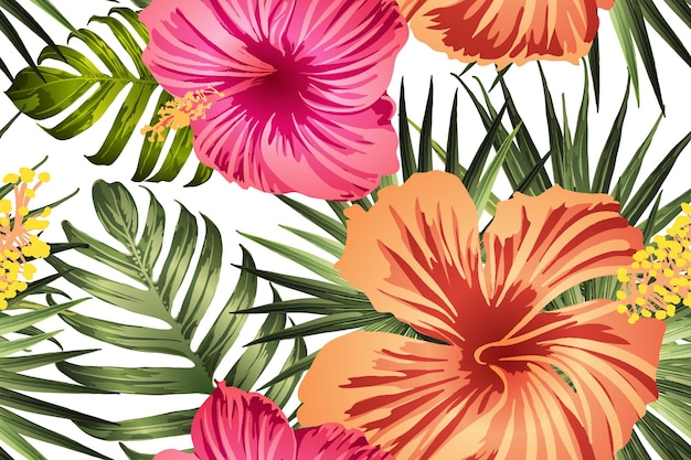 Patrón exótico rojo verde. Hojas de monstera y flores de hibisco con estampado veraniego. Camiseta hawaiana y mosaico de trajes de baño. Azulejo exótico de vector salvaje romántico horizontal. Diseño botánico hipernatural.