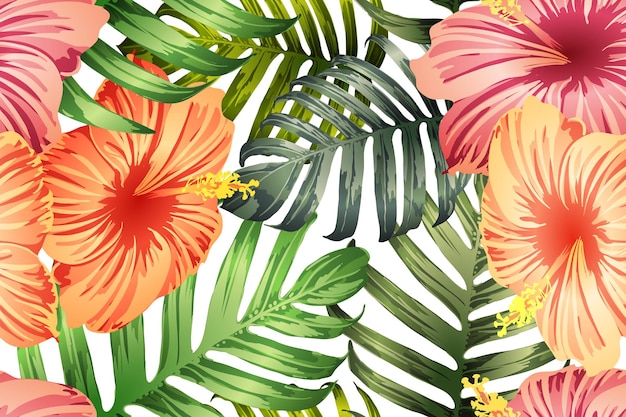 Patrón exótico rojo verde. Hojas de monstera y flores de hibisco con estampado veraniego. Traje de baño con estampado floral grande y saturado. Azulejo exótico de vector salvaje romántico horizontal. Diseño botánico hipernatural.