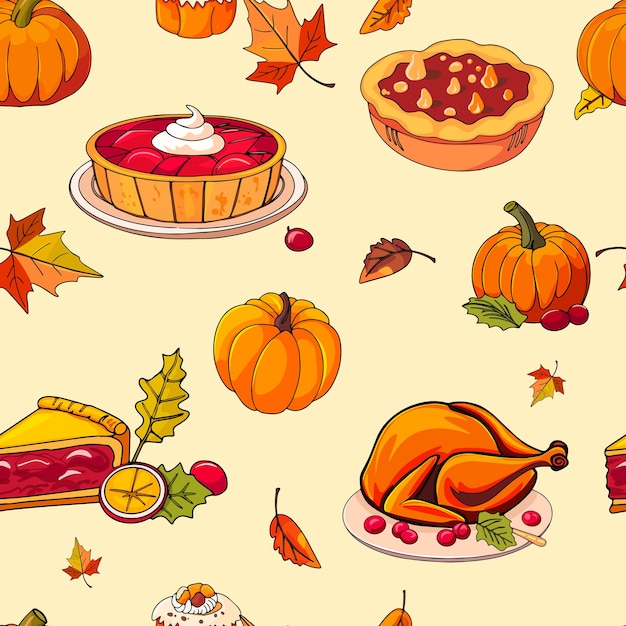 Patrón Feliz Acción de Gracias octubre comida de Halloween pastel de calabaza pastel de pollo vector de naranja sin costuras