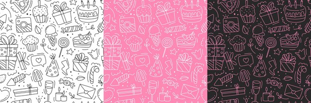 Patrón de feliz cumpleaños Ilustración de vector dibujado a mano aislado sobre fondo blanco
