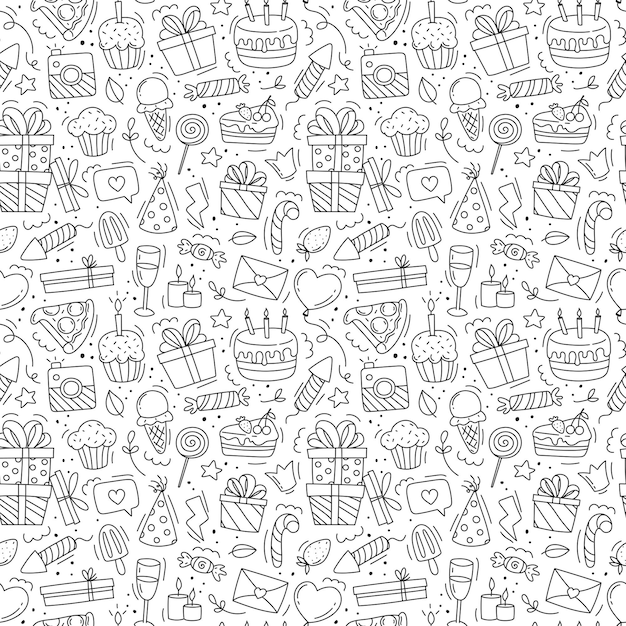 Patrón de feliz cumpleaños Ilustración de vector dibujado a mano aislado sobre fondo blanco