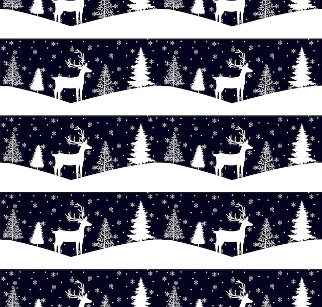 Patrón de feliz navidad sin costuras con ciervos abstracción de invierno fondo de bosque banner horizontal sin fin con renos en la nieve elementos decorativos de papel dibujado a mano ilustración vectorial