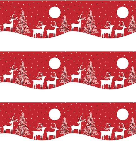 Patrón de feliz Navidad sin costuras con ciervos abstracción de invierno Fondo de bosque Banner horizontal sin fin con renos en la nieve Elementos decorativos de papel dibujado a mano ilustración vectorial