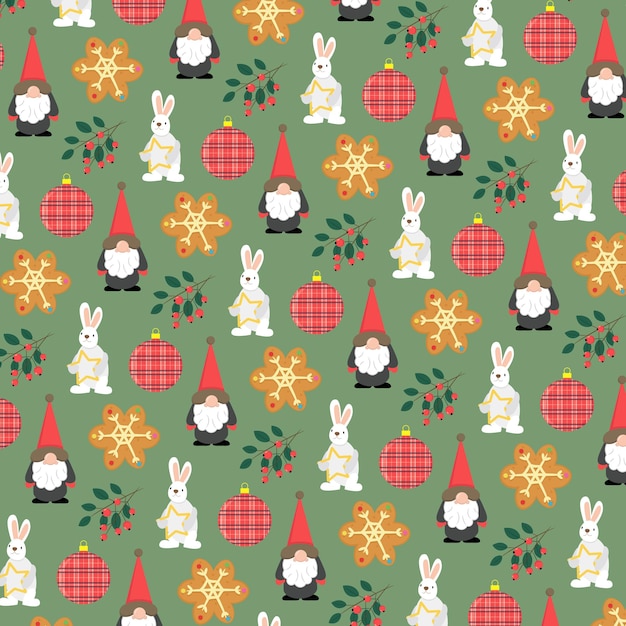 Patrón de feliz navidad con galleta enana de conejo de bayas de acebo y bola de navidad
