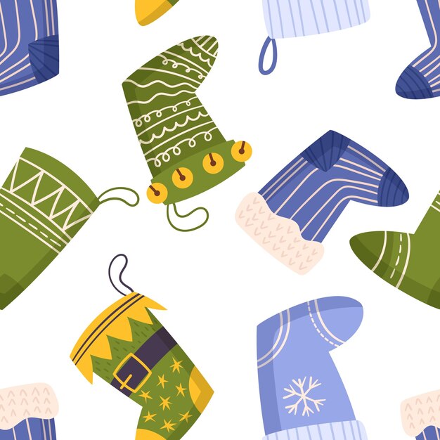 Patrón festivo sin costuras adornado con encantadores calcetines navideños que crean un diseño caprichoso y acogedor para difundir la alegría navideña y agregar un toque de calidez a las celebraciones Ilustración de vectores de dibujos animados