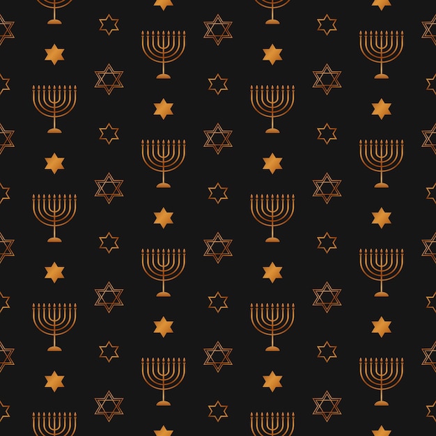 Patrón festivo sin costuras con candelabros dorados y estrellas de David para la festividad judía de Hanukkah