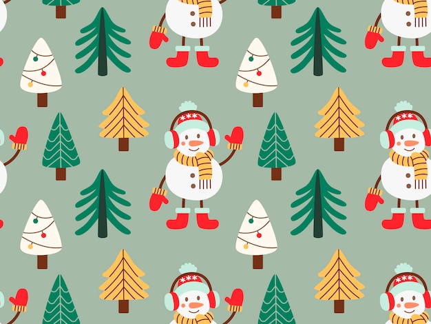 Patrón festivo sin costuras con muñecos de nieve árboles de Navidad y abetos decorados en colores vibrantes Perfecto para diseños de vacaciones envoltura de regalos y decoración estacional en estilo plano