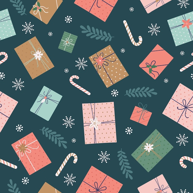 Patrón festivo sin costuras con regalos de Navidad dulces y