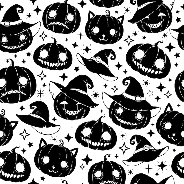 patrón festivo de halloween con diferentes calabazas aterradoras sonrientes