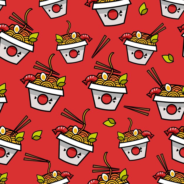 Patrón de fideos Comida asiática, adorno sobre fondo rojo.