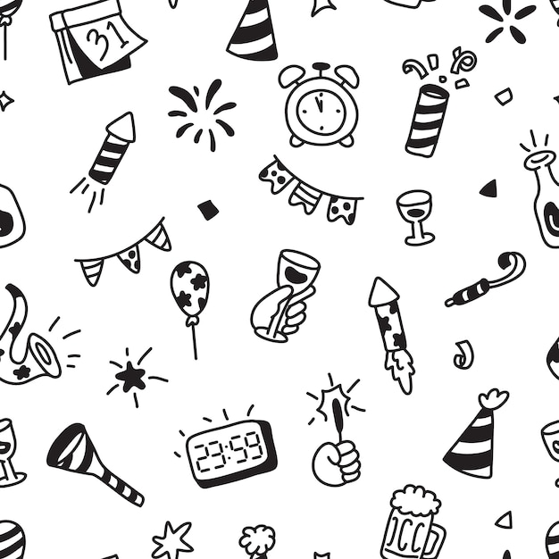 Patrón de fiesta de Año Nuevo dibujado a mano por Doodle