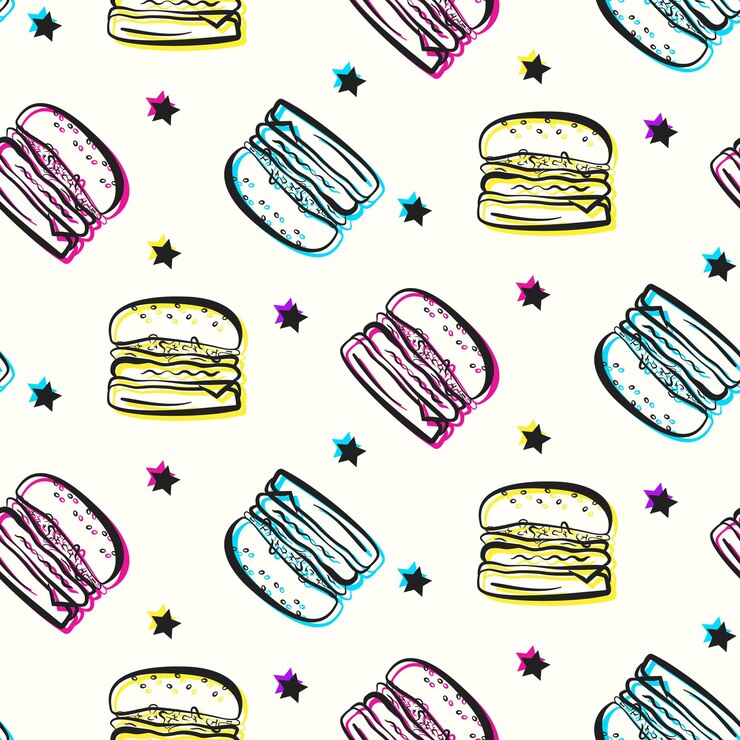 Vector patrón de fiesta brillante con hamburguesas y estrellas.