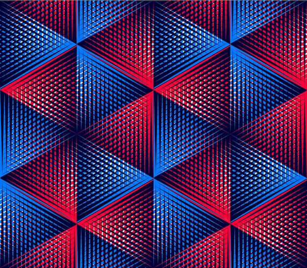 Patrón sin fin colorido regular con figuras tridimensionales entrelazadas, fondo geométrico ilusorio continuo, EPS10 transparente.