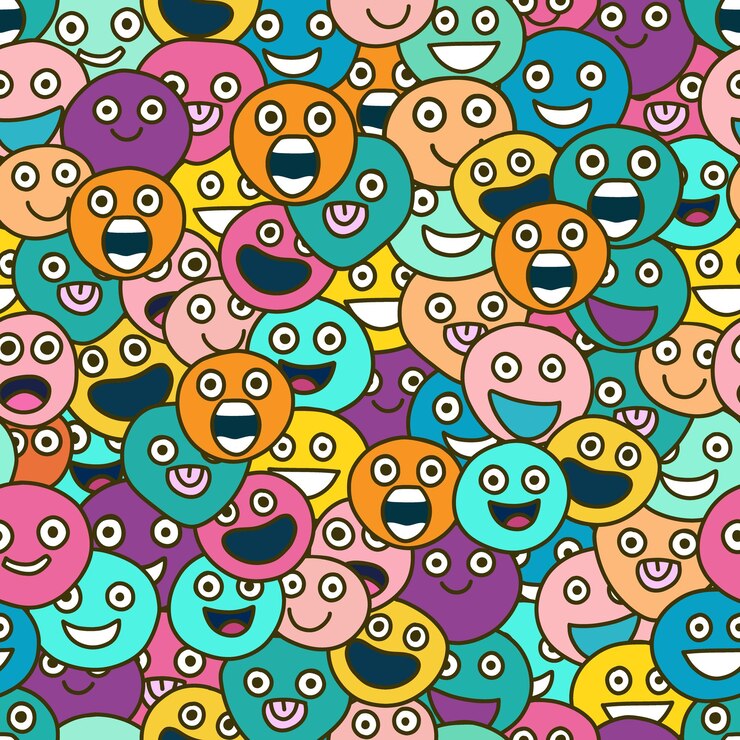 Vector patrón sin fin sin costuras al estilo de las caras lindas de los años noventa con diferentes emociones