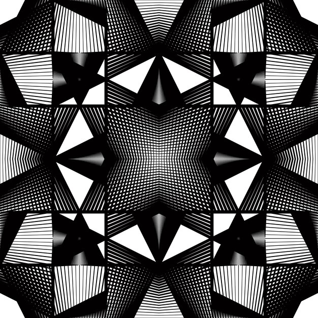 Patrón sin fin ilusorio de rayas monocromáticas vectoriales, fondo geométrico continuo de arte con líneas gráficas y figuras geométricas. Ilustración de caleidoscopio.